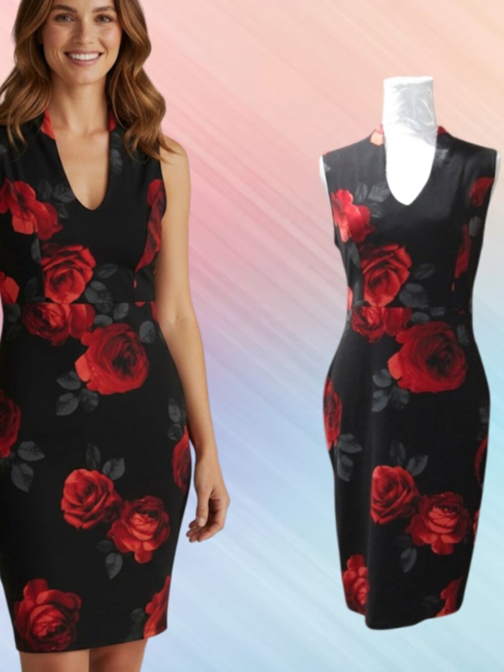 Beware size L womens dress knee length black with red floral sleeveless